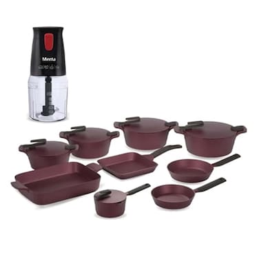 طقم أواني طهي بايركس جرانيت - ٢٤ قطعة - نبيتى + خلاط يدوي ميانتا