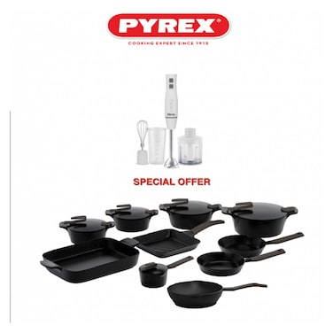 طقم أواني طهي بايركس جرانيت - ٢٤ قطعة - اسود + خلاط يدوي ميانتا