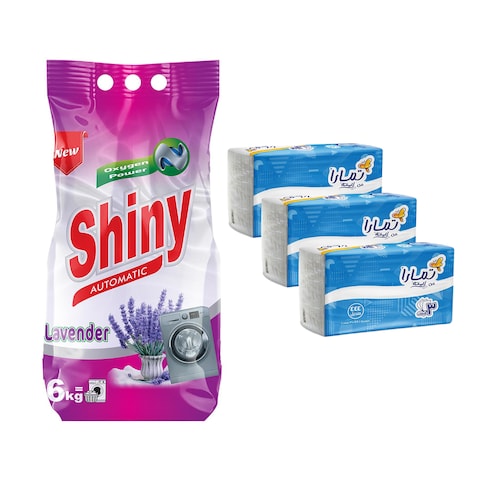 Shiny Automatic Powder Detergent with Lavender Scent - 6 Kg + Tamara Facial Tissues - 444 Tissues - 3 Pieces