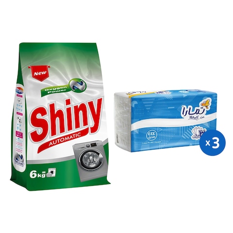 Shiny Automatic Powder Detergent - 6 Kg + Tamara Facial Tissues - 444 Tissues - 3 Pieces