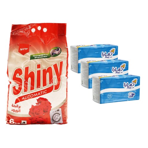 Shiny Automatic Powder Detergent with Rose Scent - 6 Kg + Tamara Facial Tissues - 444 Tissues - 3 Pieces