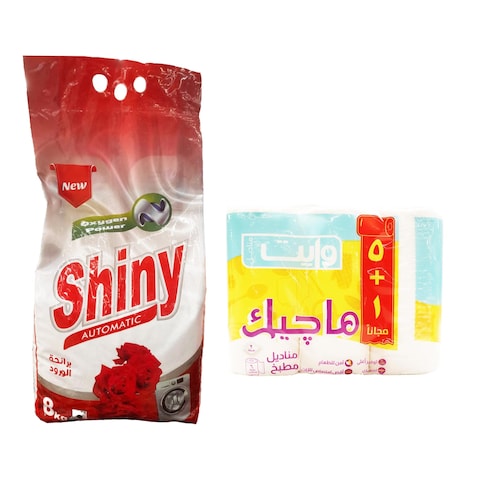 مسحوق غسيل شاينى برائحة الورد - 8 كجم + رول مطبخ وايت ماجيك - 6 رول