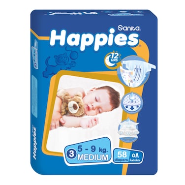 Happies Baby Diapers - Size 3 Medium - 58 diapers