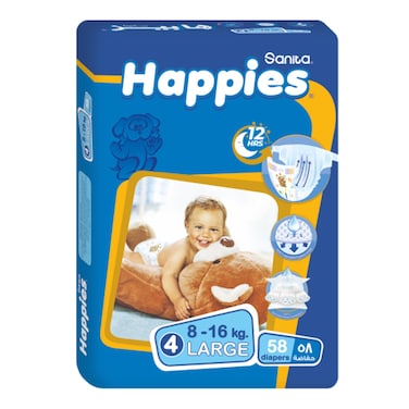 Happies Baby Diapers - Size 4 Large - 58 diapers