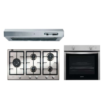 Indesit Built-In Set Hob 5 Burners - IN9522IX + Gas Oven 60 Cm - IGW324IX + Cooker Hood 90 Cm - ISLK96LSX
