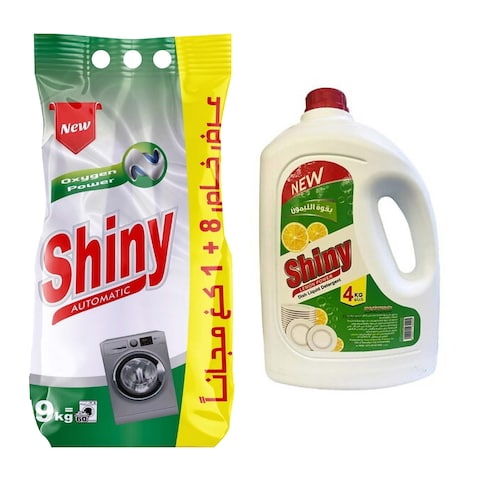 Shiny Automatic Powder Detergent - 8+1 Kg + Dishwashing Liquid with Yellow Lemon Scent - 4 Liter