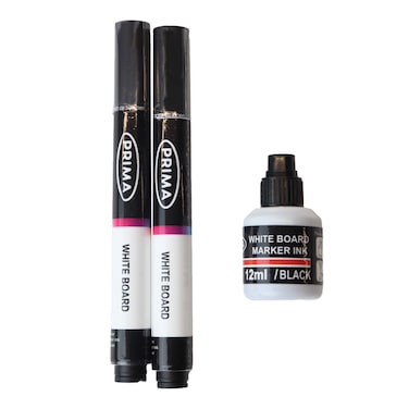 Prima White Board Markers - 2 Pieces + Marker Ink Bottle - Black