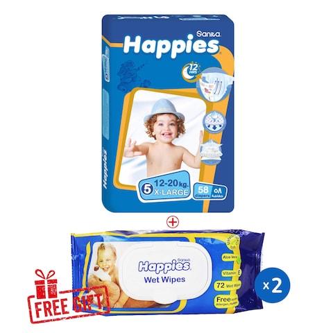 Happies Medium Baby Diapers - Size 5 - 58 Diapers + Happies Baby Wipes - 72 Wipes