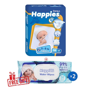 Happies Medium Baby Diapers - Size 2 - 58 Diapers + Happies Baby Wipes - 56 Wipes