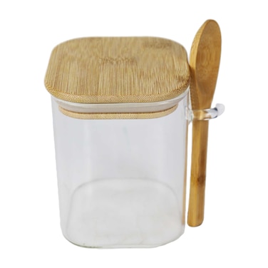 برطمان مربع مع غطاء خشبي وملعقة