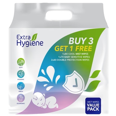 عبوة مناديل مببله للاطفال الصحية الإضافية - 4 عبوات