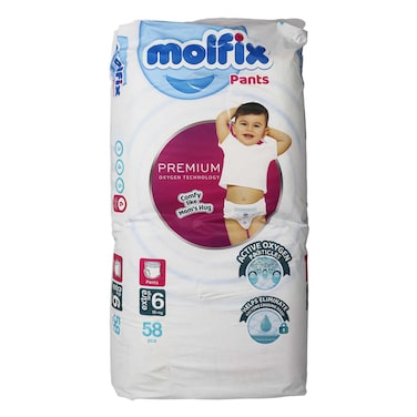 حفاضات مولفيكس بريميوم أوكسجين مقاس 6 - وزن 15 كجم فأكثر - 58 حفاضة