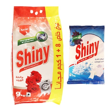 مسحوق الغسالات الأوتوماتيك شايني برائحة الورد - 9 كجم + مسحوق غسيل برائحة اللافندر - 1 كجم