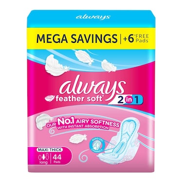 فوط اولويز الصحية 2 في 1 بنعومة الريش - طويلة ماكسي سميكة - 44 فوطة