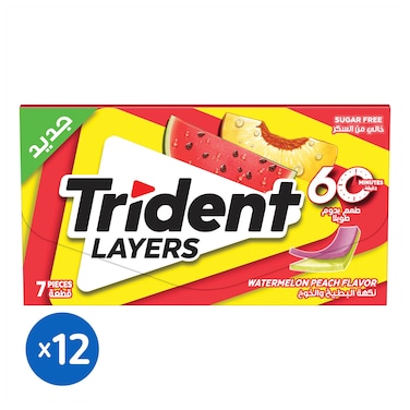 لبان ترايدنت بنكهة البطيخ والخوخ - 7 قطع لبان - 12 عبوة