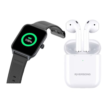 ساعة سمارت ريفرسونج - أسود + سماعات أذن ستيريو لاسلكية ترو ايرفلاي L2 - أبيض