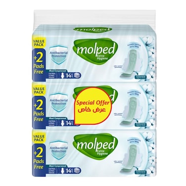 فوط صحية مولبد اكس لارج اكسترا حماية مضادة للبكتيريا - 16 قطعة - عبوة من 3 قطع
