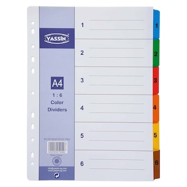 فواصل ملفات ياسين كلاسيك مقاس A4 ملونة - 6 فواصل