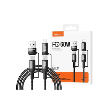 كابل شحن ريتشي سريع 4 في 1 بقوة 60 واط 120 سم - أسود - RS47T