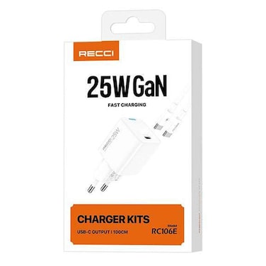 شاحن ريتشي بتقنية GaN مع كابل تايب سي إلى تايب سي 25 وات - أبيض - RC106E