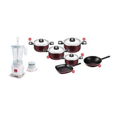 طقم حلل طهي تيفال ارمتال - 10 قطع + خلاط مولينكس - أبيض