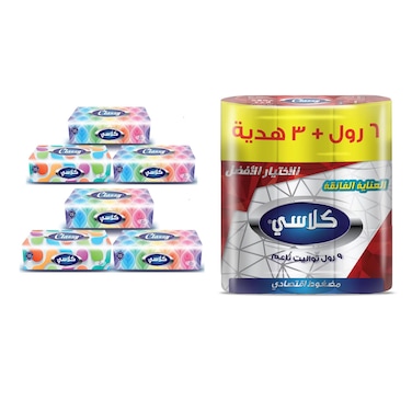 مناديل الوجه كلاسي سمارت 500 منديل - 6 عبوات + مناديل تواليت مضغوطة - 9 بكرات