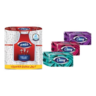 مناديل المطبخ كلاسي كلاسيك - 2 رول + مناديل الوجه كشمير - 550 منديل - 3 عبوات