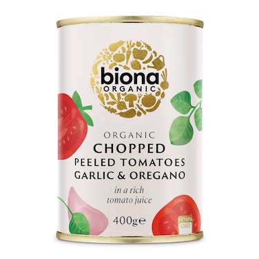 طماطم بيونا العضوية المقشرة والمقطعة مع الثوم والأوريجانو - 400 جرام
