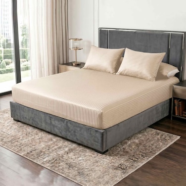 4Bed Striped Bed Sheet - 180*200 Cm - Beige
