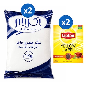 Akwam White Sugar - 1 kg - 2 Pieces + Lipton Black Tea - 40 gm - 2 Pieces