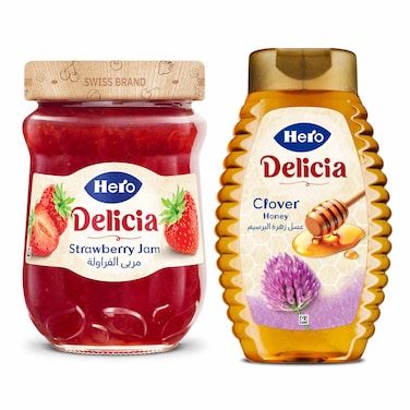 Hero Delicia Clover Honey - 450 gm + Hero Delicia Strawberry Jam - 350 gm