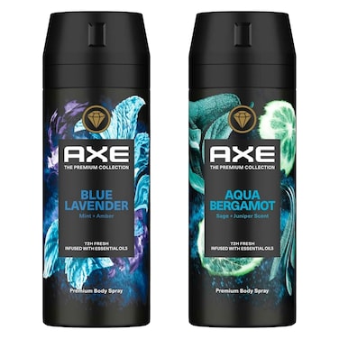 بخاخ معطر الجسم آكس بريميم كوليكشان أكوا وبرغموت - 150 مل + لافندر أزرق - 150 مل
