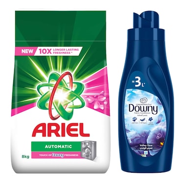 Ariel Automatic Laundry Powder Detergent with Touch of Downy - 8 Kg + Downy Valley Dew Concentrated Fabric Conditioner - 1 Liter