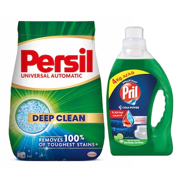 Pril Dishwashing Liquid with Green Lemon - 4 Liters + Persil Deep Clean Automatic Powder Detergent - 5 Kg
