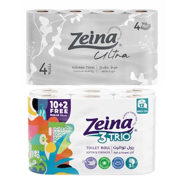 Zeina Trio Toilet Roll - 12 Rolls + Zeina Ultra Kitchen Towels - 4 Rolls