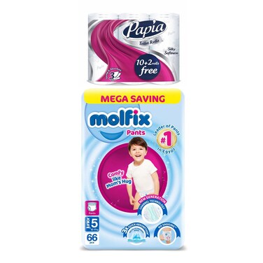 Papia Toilet Rolls - 12 Rolls + Molfix Junior Diaper Pants - Size 5 - 66 Pieces