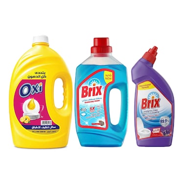 Oxi Dishwashing Liquid with Yellow Lemon - 4 Liters + Brix Multi-Purpose Cleaner - Pine Scent - 730ml + Brix Disinfecting Toilet Cleaner - Lavender Scent - 450ml