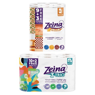 Zeina 3 Trio Toilet Rolls - 12 Roll + Zeina Kitchen Rolls - 12 Roll