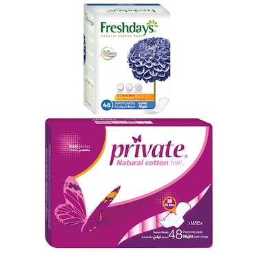 Freshdays Long Pantyliners - 48 Pads + Private Night Pads With Wings - 48 Pads