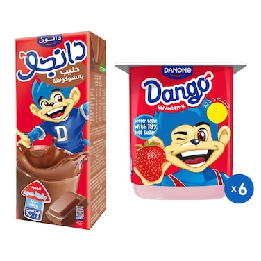 حليب دانون دانجو بالشوكولاتة - 90 مل + زبادي بالفراولة - 6 علب