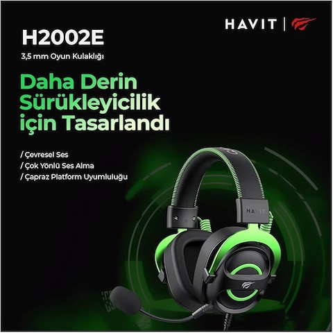 GAMING HEADPHONES BLACK-GREEN H2002E With Noise Cancellation, Adjustable Headband, Gaming - Surround Headset