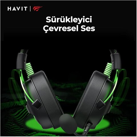 GAMING HEADPHONES BLACK-GREEN H2002E With Noise Cancellation, Adjustable Headband, Gaming - Surround Headset