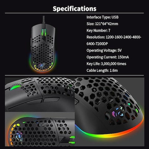 Wired Gaming Mouse RGB Gaming Mouse Ultra Lightweight Honeycomb Case Adjustable 7200 DPI 7 Programmable Buttons