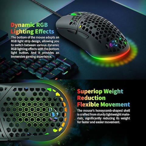 Wired Gaming Mouse RGB Gaming Mouse Ultra Lightweight Honeycomb Case Adjustable 7200 DPI 7 Programmable Buttons