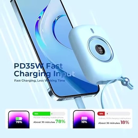 هافيت باور بانك صغير عصري 10000 مللي امبير في الساعة PD35W مع كابل نوع سي مدمج، موديل PB5214، ارجواني