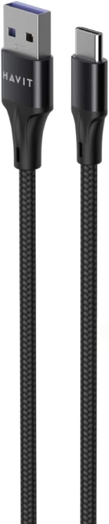 هافيت شاحن فلاش سوبر من النوع C ومزامنة البيانات والشحن 5 امبير، مزدوج مغطى بالنايلون 100 سم لـ (اوبو R15/رينو/رينو 2/رينو Z/رينو اف/ريلمي X3/XT، فيفو ون بلس)، يو اس بي 3.0