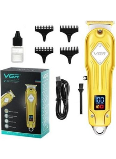 ماكينة حلاقة الشعر الاحترافية الكهربائية القابلة لإعادة الشحن VGR V-261، مزودة بشاشة LED، لون ذهبي.