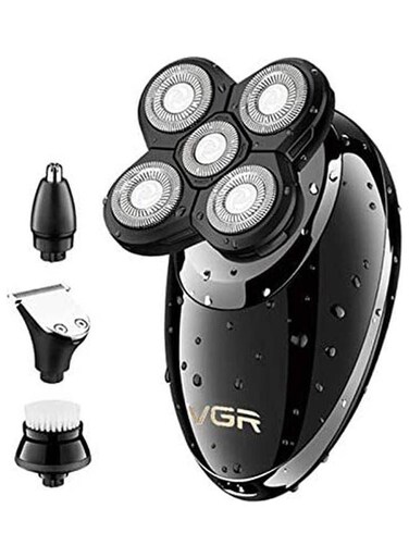 ماكينة تشذيب الشعر VGR V-302 - 4 في 1 ماكينة حلاقة كهربائية دوارة، ماكينة قص الشعر المبلل، قابلة لإعادة الشحن، فرشاة تنظيف الوجه، العناية بالوجه، اللحية، الصلع، أسود