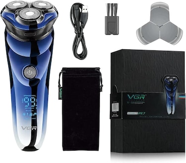 ماكينة حلاقة كهربائية لاسلكية قابلة لاعادة الشحن ضد الماء IPX7 من في جي ار، دوارة لحلاقة رطبة وجافة ب3 رؤوس كهربائية للرجال لتشذيب منبثق، شحن فائق سرعة، وقت تشغيل 100 دقيقة بشاشة ديجيتال LED، V-305