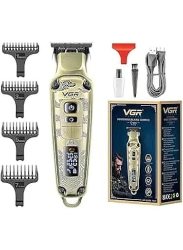 ماكينة حلاقة شعر الجسم المعدنية الممتازة VGR V-901، شاشة LED، شفرة معدنية، ذراع ضبط التدرج، 4 أمشاط توجيه، مدة تشغيل 240 دقيقة